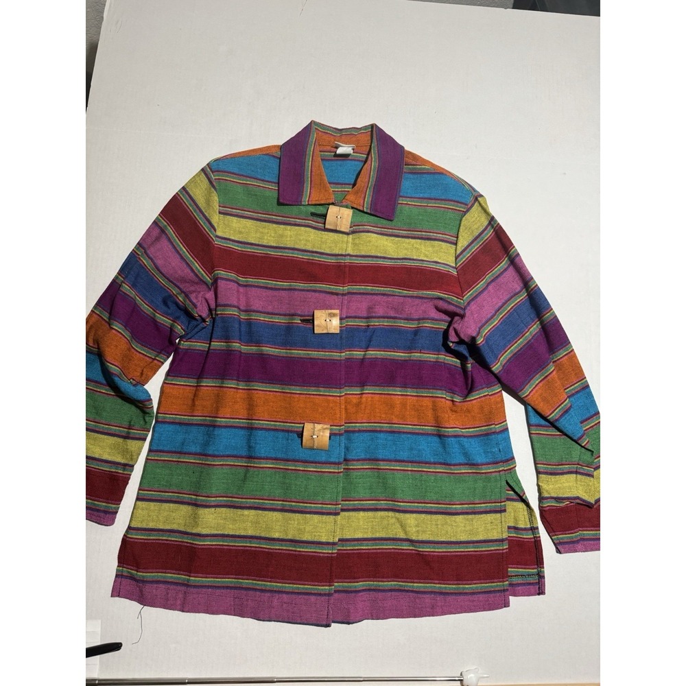 Norm Thompson Colorful‎ Striped Jacket, Wooden Buttons, Pad Shoulders #985